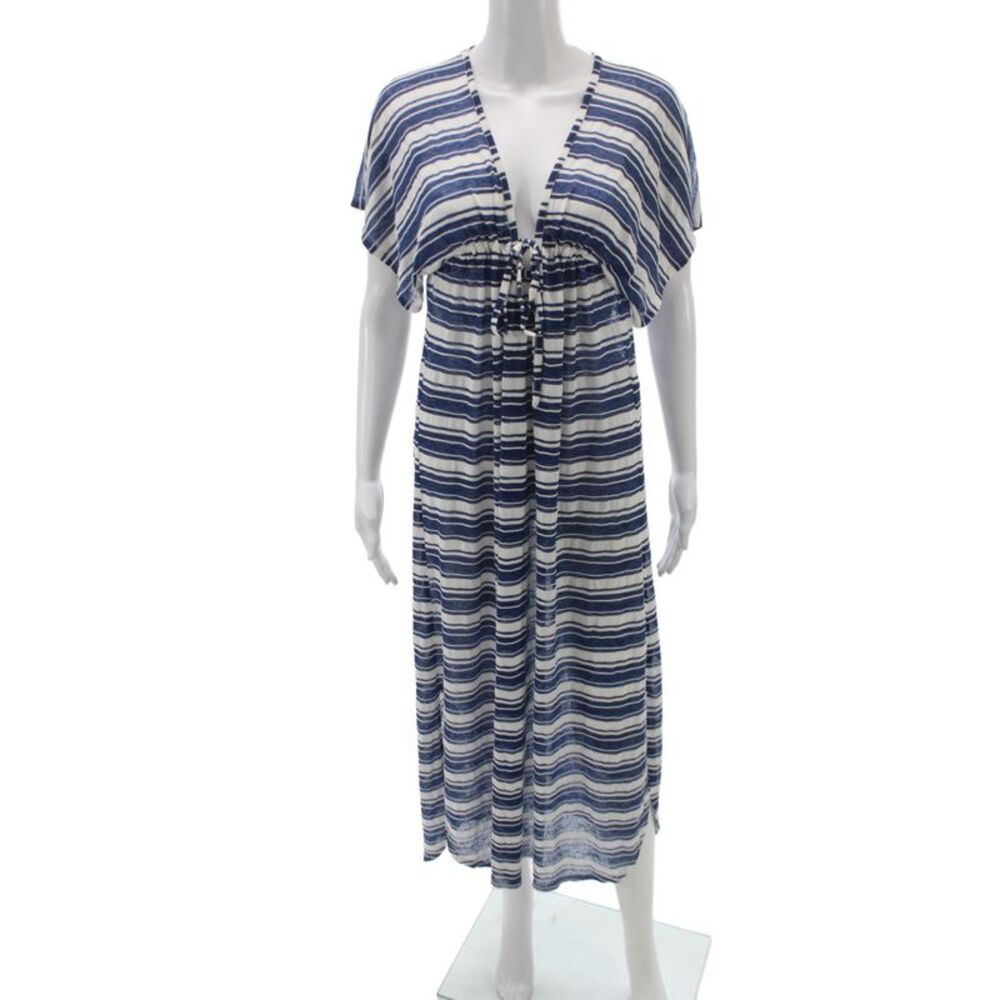 Josa Tulum Womens Blue Striped V-Neck Kaftan Dress Short Sleeve Midi Size M